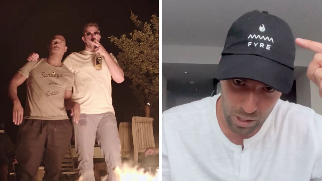 Ja Rule and Billy McFarland in Netflix’s “Fyre” documentary. Right: Billy McFarland promoting Fyre Festival 2.