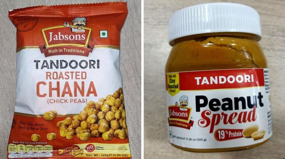 Jabsons' recalled Tandoori Roasted Chana (Chick Peas). Right: Jabsons' recalled Tandoori Peanut Spread.