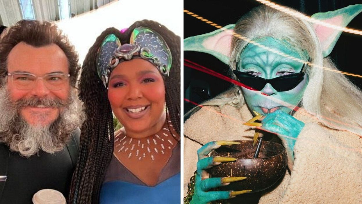 Jack Black and Lizzo on the set of "The Mandalorian." Right: Lizzo's Baby Yoda Halloween costume in 2021.