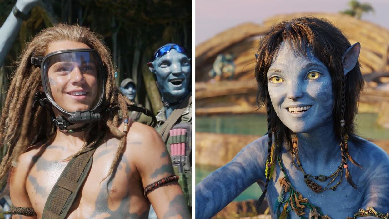 Jack Champion as Spider in Avatar 2. Right: Sigourney Weaver as Kiri in Avatar 2