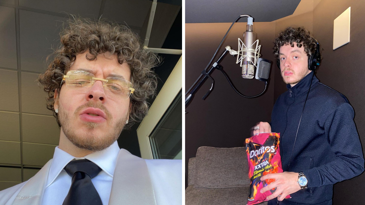 Jack Harlow with glasses on. Right: Jack Harlow in the studio eating Doritos.