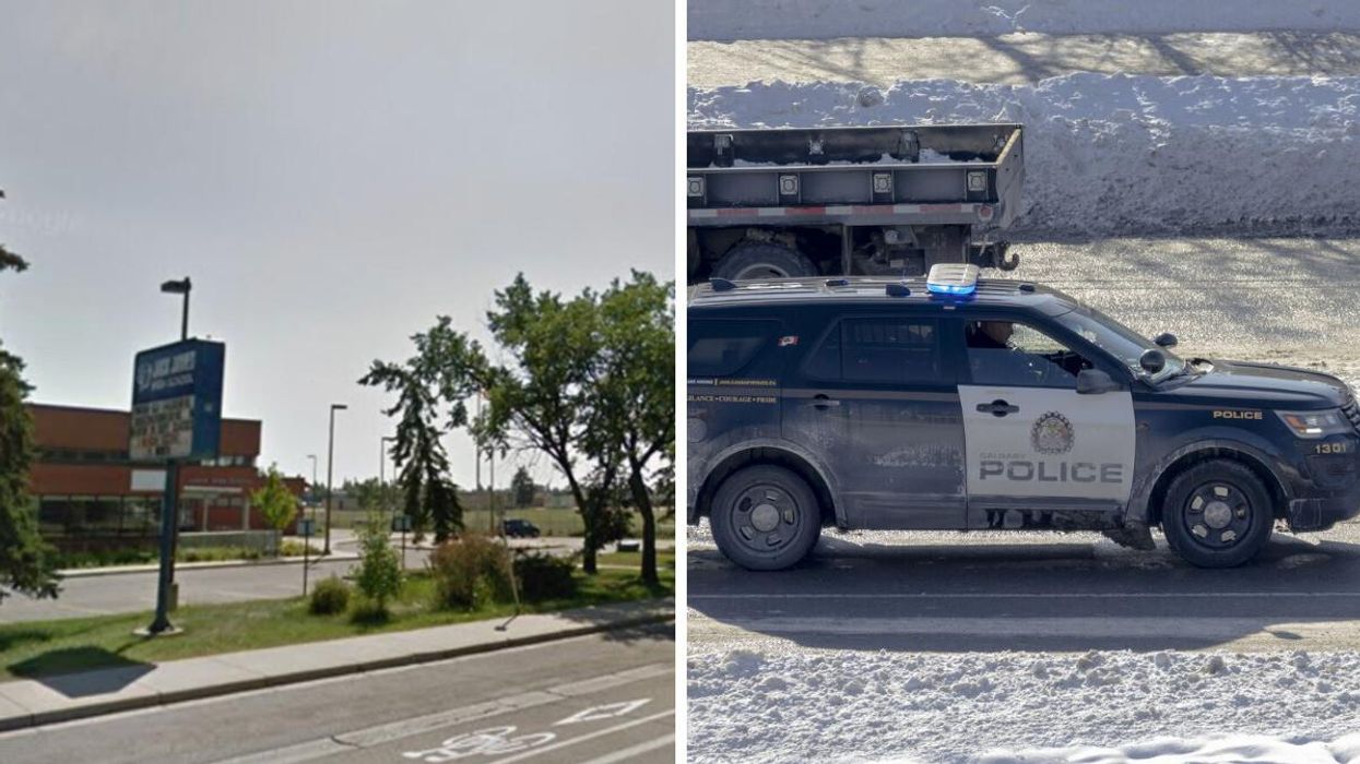 Jack James High School. Right: A Calgary Police vehicle.