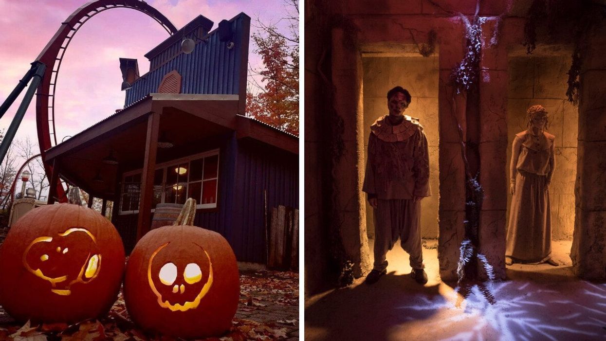 Jack-o-lanterns at Canada's Wonderland. Right: The Ruins maze at Halloween Haunt.