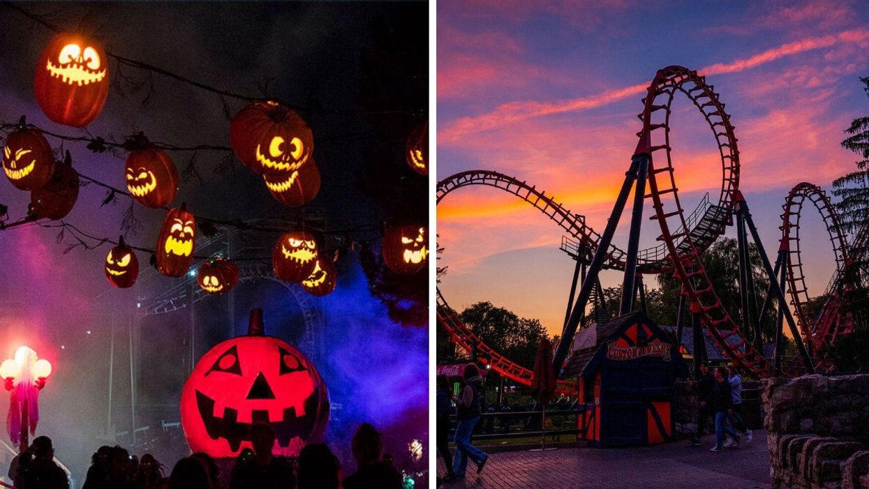 Jack-o-lanterns. Right: A rollercoaster at night.