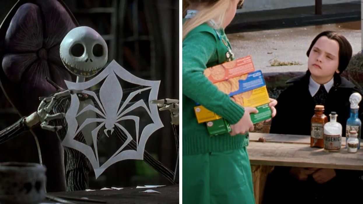 Jack Skellington in "The Nightmare Before Christmas." Right: Christina Ricci as Wednesday in "The Addams Family."