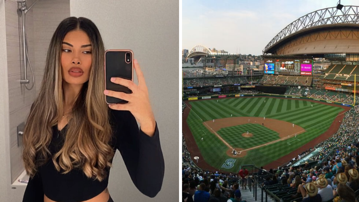 Jackelina Bonds taking a mirror selfie. Right: T-Mobile Park, where the Mariners play.