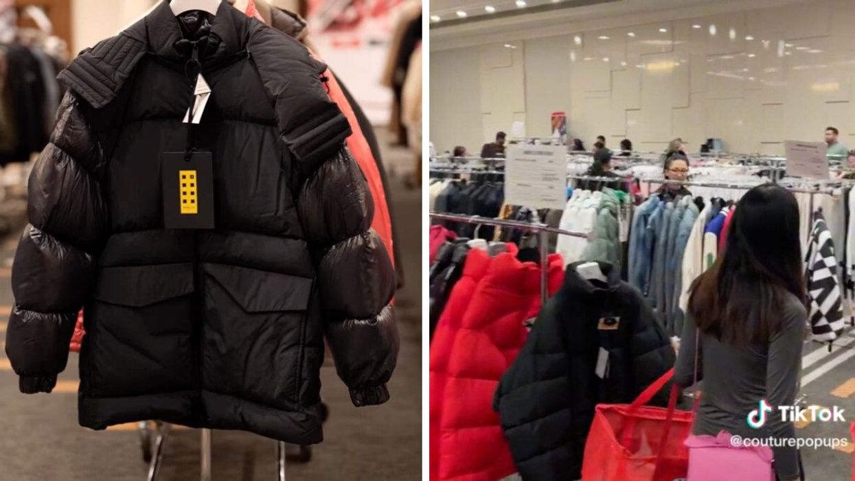 Jacket seen in pop-up sale. Right: Pop-up in Toronto.