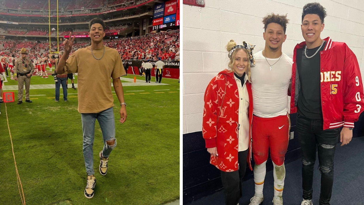 Jackson Mahomes at a football game. Right: Jackson with Patrick and Brittany Mahomes.