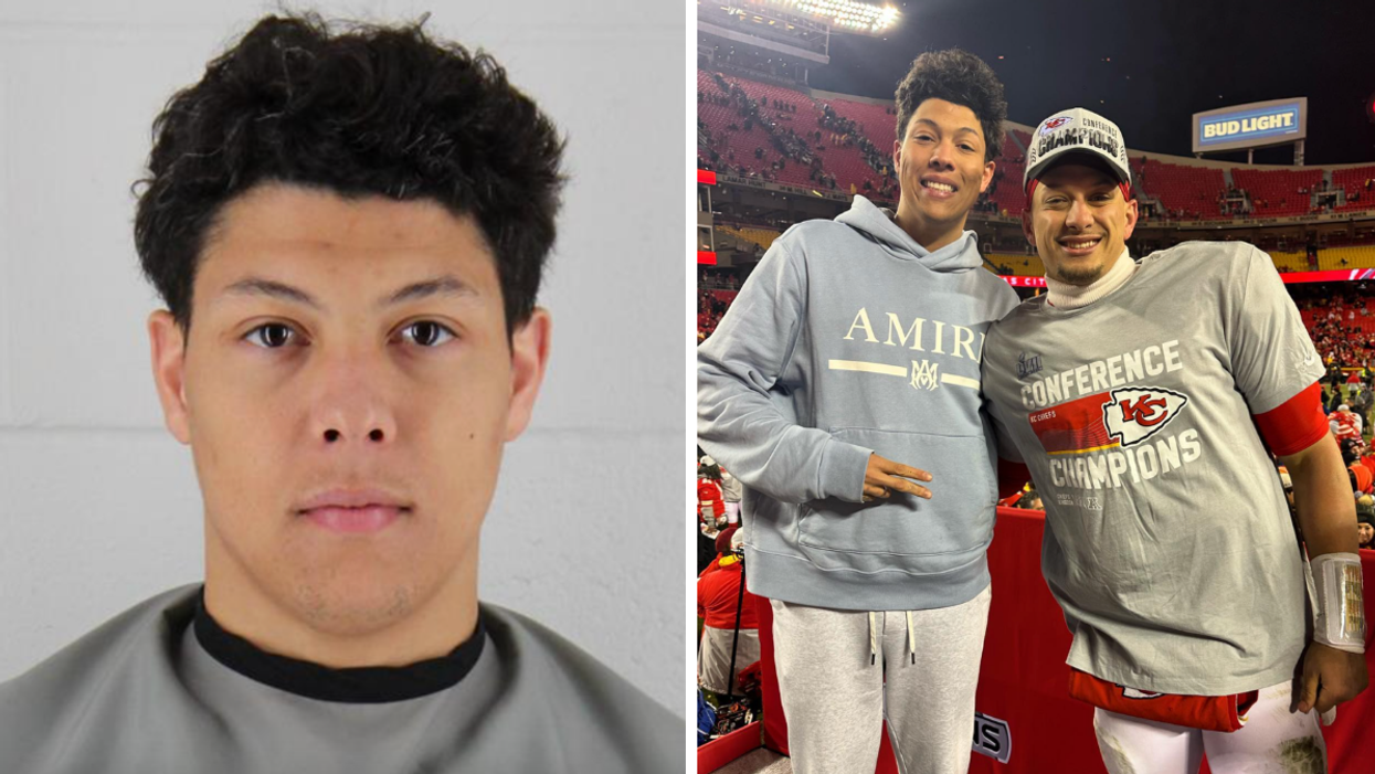Jackson Mahomes' mugshot. Right: Jackson and Patrick Mahomes.