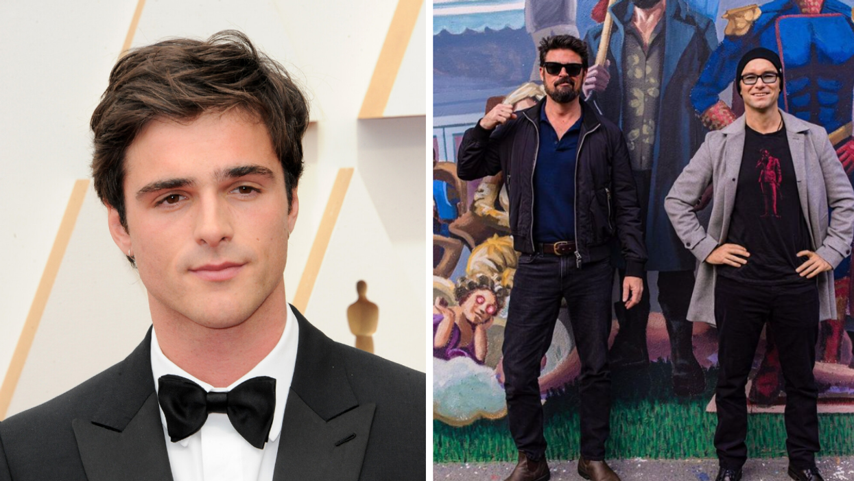 Jacob Elordi. Right: 'The Boys' cast members Antony Starr and Karl Urban.