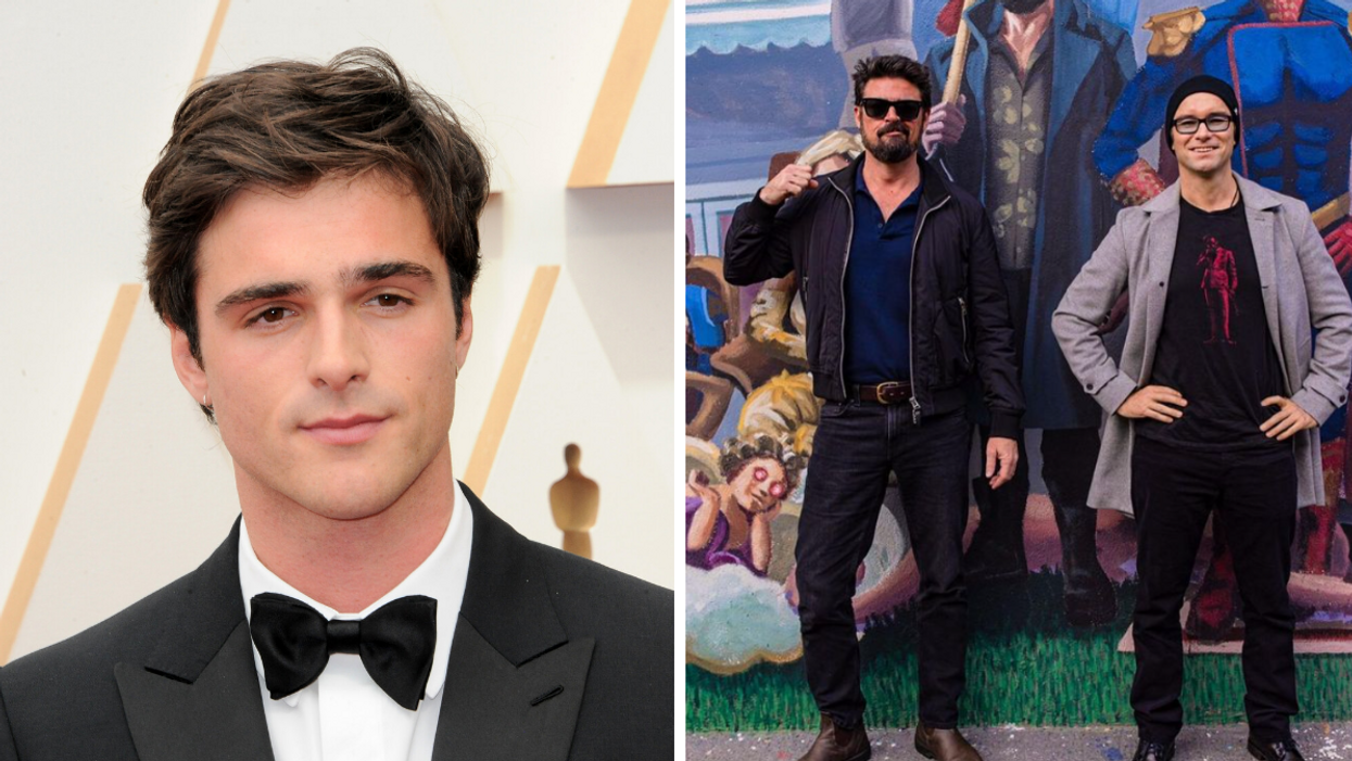 Jacob Elordi. Right: 'The Boys' cast members Antony Starr and Karl Urban.
