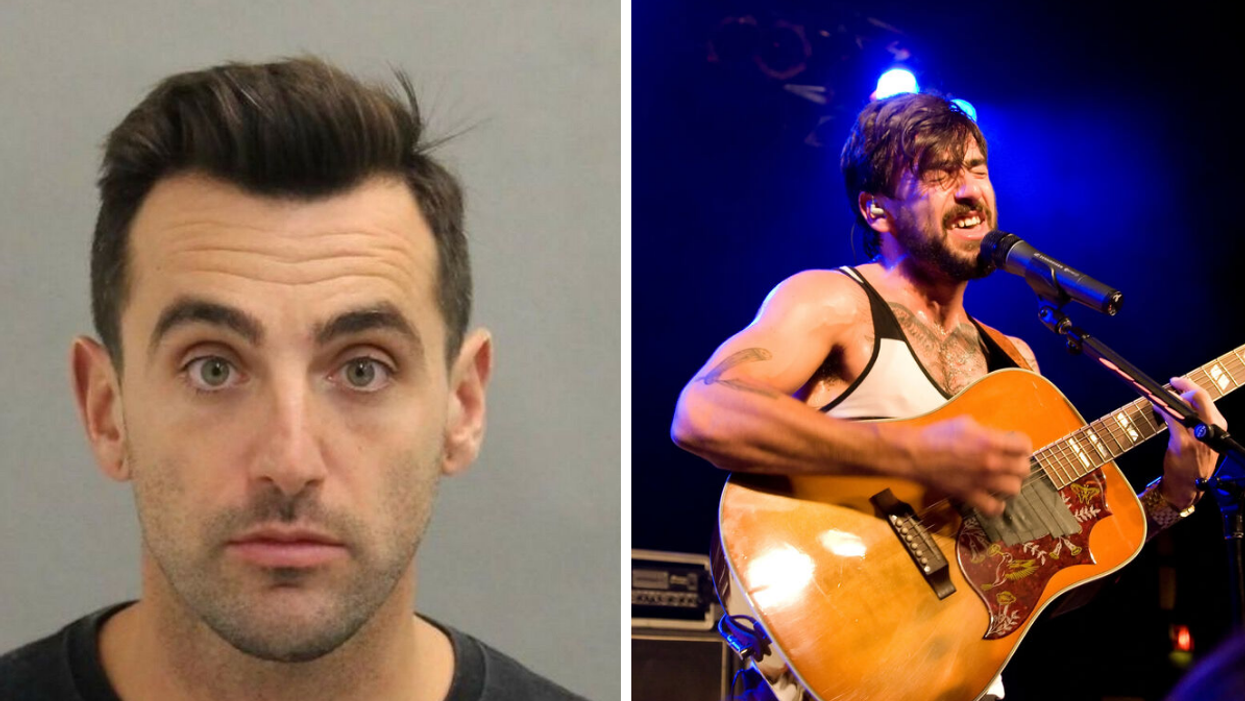 Jacob Hoggard. Right: Jacob Hoggard playing guitar.