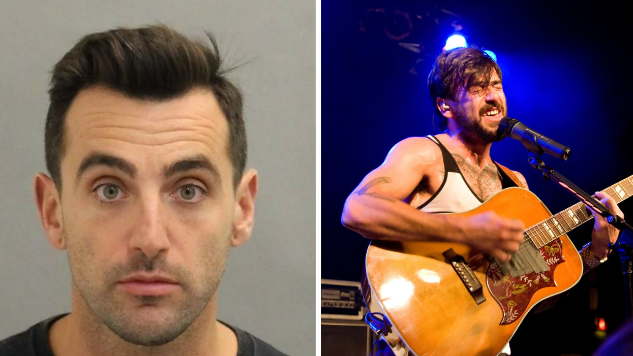 Jacob Hoggard's mug shot. Right: Hoggard performing at a Hedley concert.