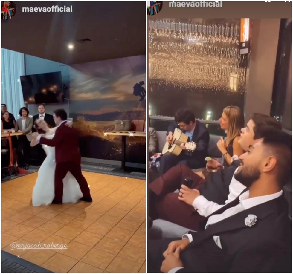 Jacob Roberge et Annie Payeur durant leur premi\u00e8re danse. Droite : Plusieurs anciens acad\u00e9miciens chantent ensemble.