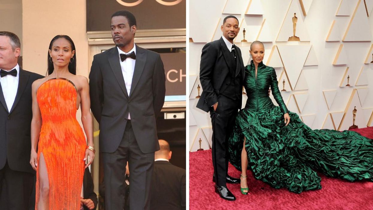 Jada Pinkett Smith and Chris Rock in 2012. Right: Will Smith and Jada Pinkett Smith at the 94th Academy Awards.
