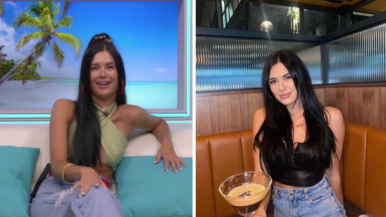 Jade, la dernière insulaire de L'île de l'amour saison 2, assise sur un divan devant un tableau d'une plage. Droite : Jade assise à une banquette, un espresso martini dans la main.