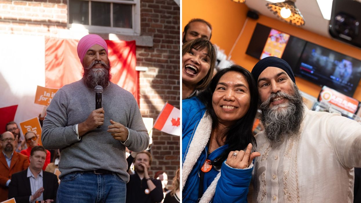 Jagmeet Singh. À droite : Jagmeet Singh et des partisans.