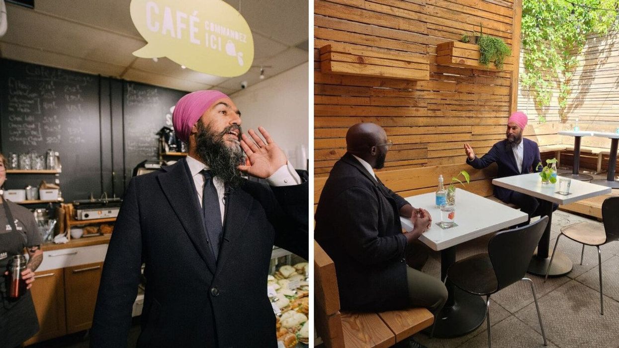 Jagmeet Singh at a cafe in Montreal. Right: Jagmeet Singh sitting with someone at a bar's patio in Toronto.