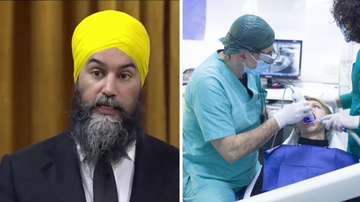 Jagmeet Singh. Droite : Une patiente chez le dentiste.