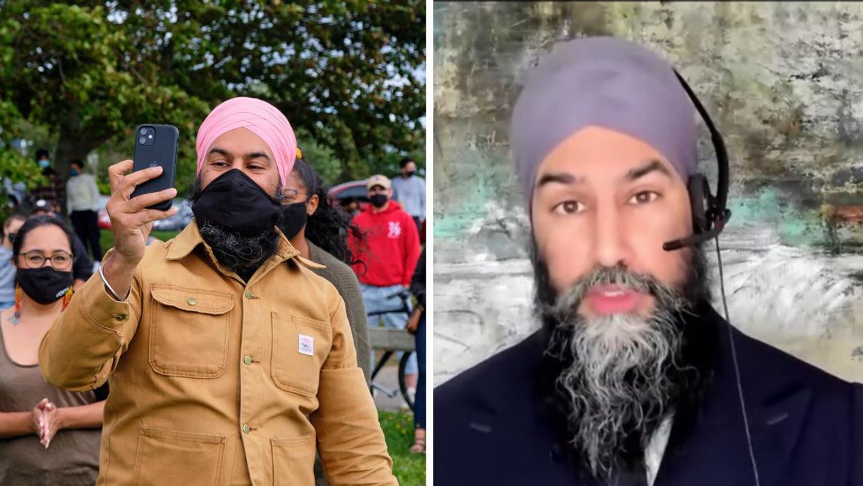 Jagmeet Singh during the 2021 campaign. Right: Jagmeet Singh addressing parliament.