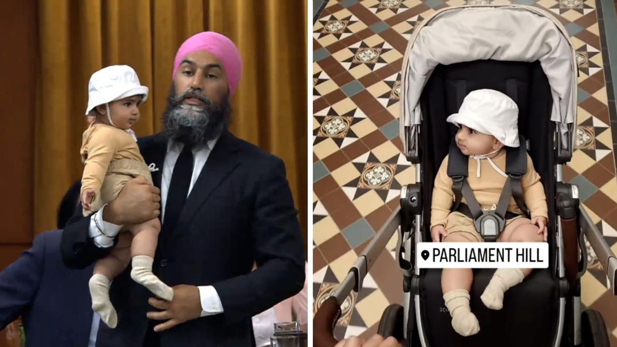 Jagmeet Singh holding his baby Anhad in the House of Commons. Right: Anhad being pushed in a stroller on Parliament Hill by Gurkiran Kaur.