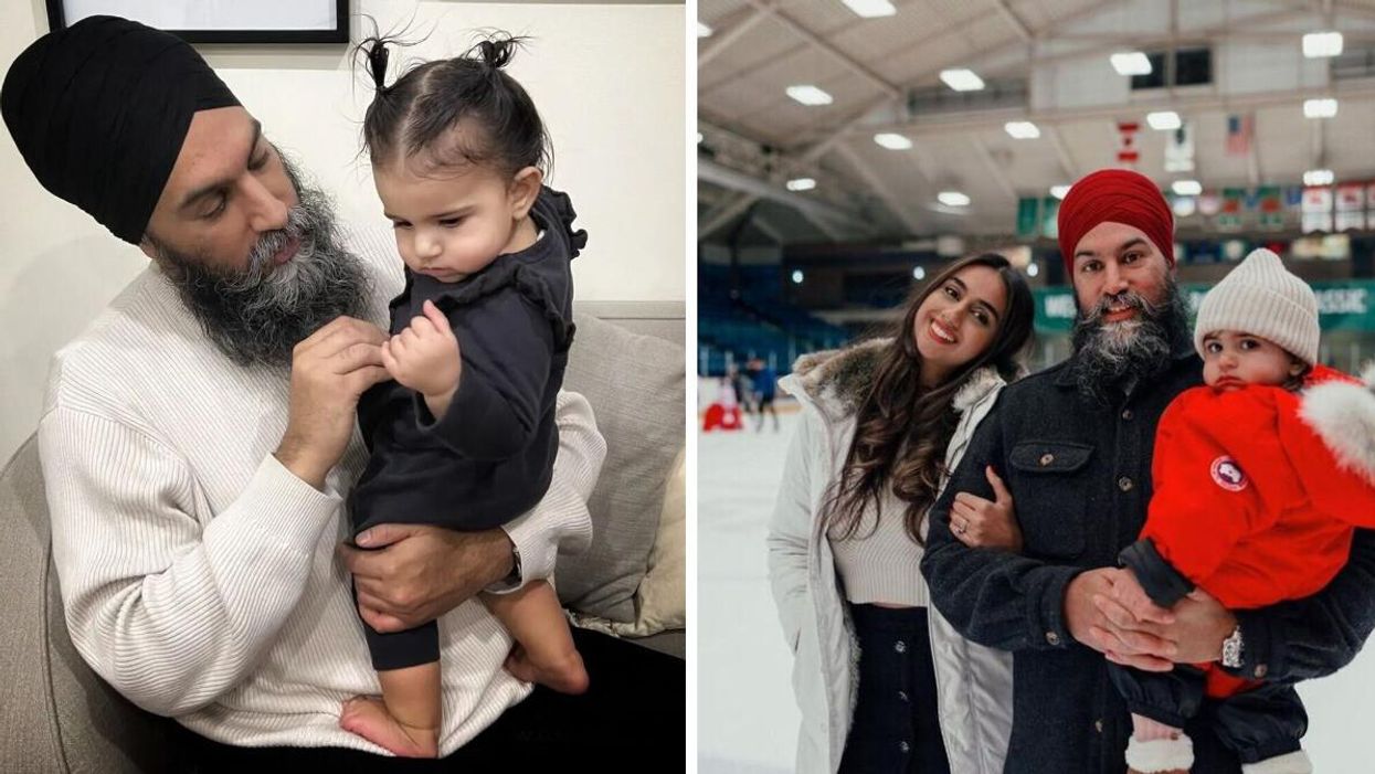 Jagmeet Singh holding his baby. Right: Gurkiran Kaur, Jagmeet Singh and their baby Anhad at a skating rink.