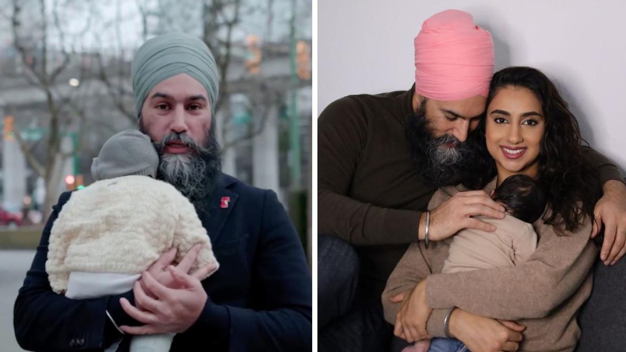 Jagmeet Singh holding his daughter. Right: Jagmeet Singh with his arm around Gurkiran Kaur holding their baby.