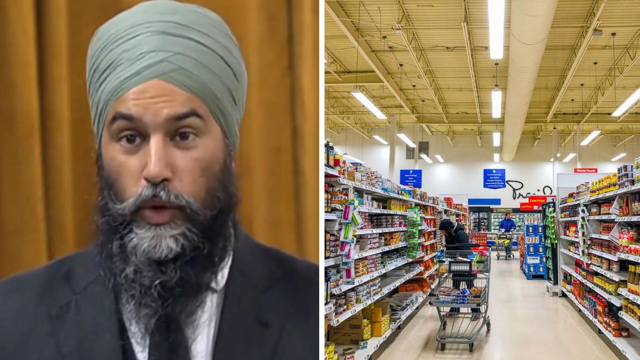 Jagmeet Singh in the House of Commons. Right: People shopping in a grocery store.