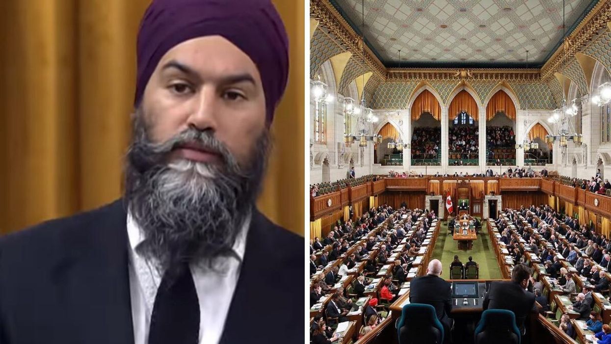 Jagmeet Singh in the House of Commons while getting heckled. Right: Canada's House of Commons chamber.