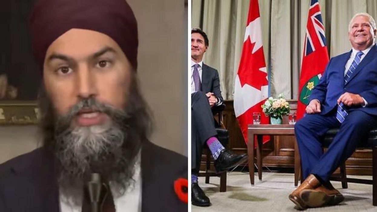 Jagmeet Singh. Right: Doug Ford and Justin Trudeau sitting together during a meeting.