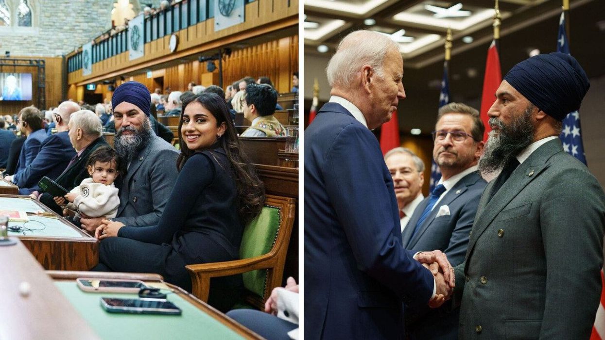 Jagmeet Singh sitting beside Gurkiran Kaur and holding his daughter. Right: Jagmeet Singh shaking hands with Joe Biden.