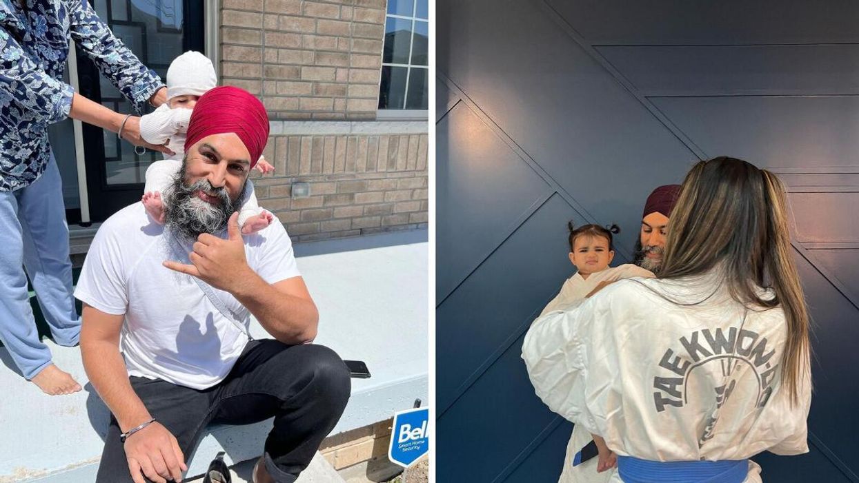 Jagmeet Singh sitting with his daughter Anhad on his shoulder. Right: Jagmeet Singh holding his daughter with Gurkiran Kaur in front of them.