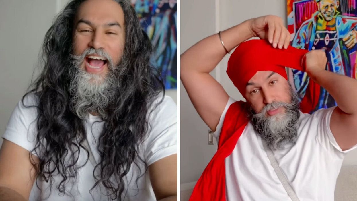 jagmeet singh smiling with his hair down. Right: Jagmeet Singh putting on a red turban.