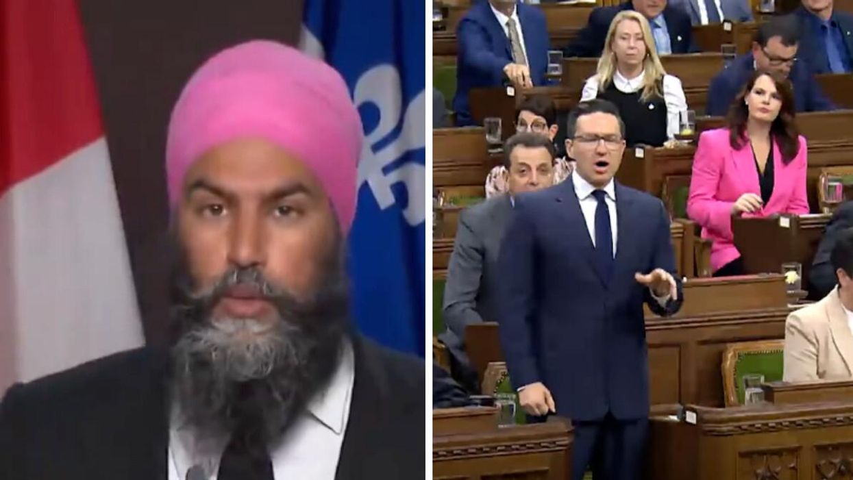 Jagmeet Singh speaking at a press conference. Right: Pierre Poilievre speaking in the House of Commons.