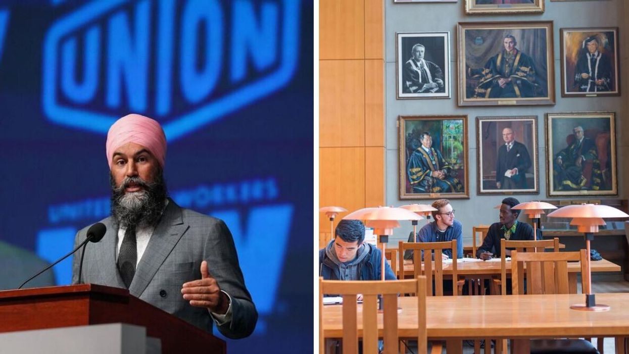 Jagmeet Singh speaking at a union event. Right: Students studying at UBC.