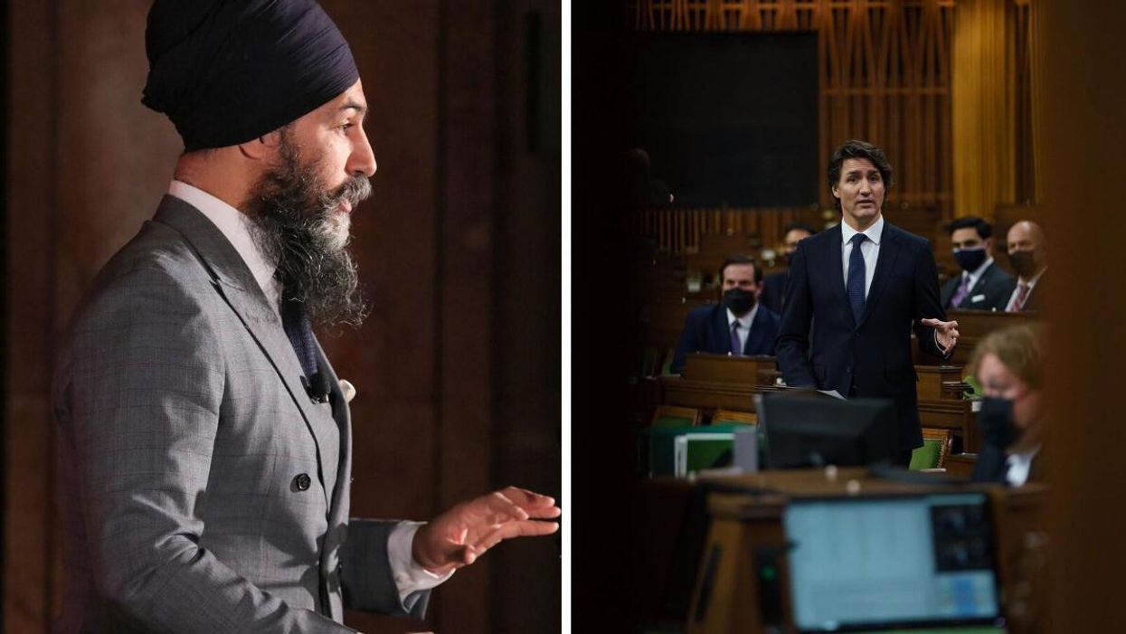Jagmeet Singh speaking at an event. Right: Justin Trudeau standing up and speaking in the House of Commons.