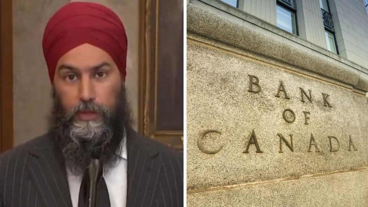 Jagmeet Singh speaking at Parliament Hill. Right: Bank of Canada sign.