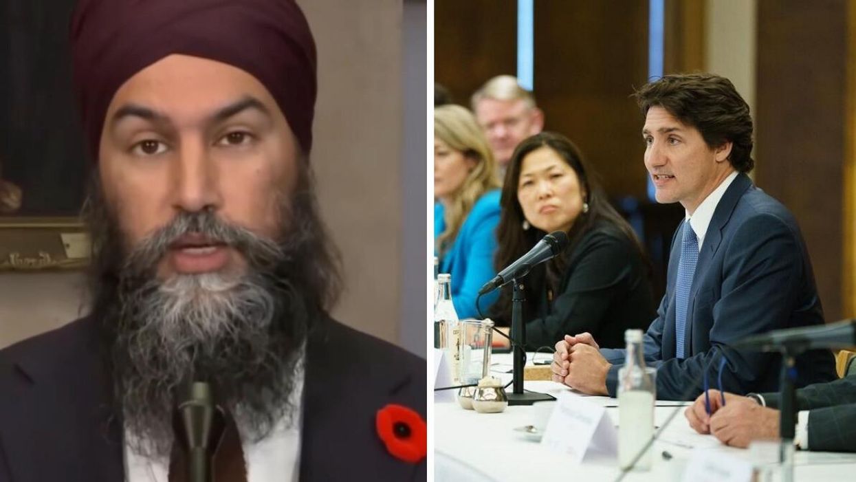 Jagmeet Singh speaking at Parliament Hill. Right: Justin Trudeau sitting at a table with other Liberal MPs.