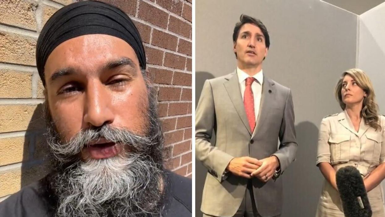 Jagmeet Singh speaking to the camera. Right: Justin Trudeau and Mélanie Joly.