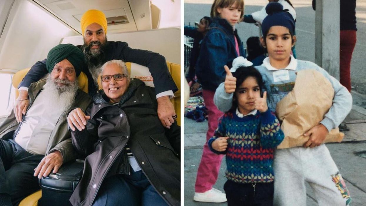 Jagmeet Singh standing behind his parents and embracing them. Right: Jagmeet Singh and his brother Gurratan Singh when they were kids.