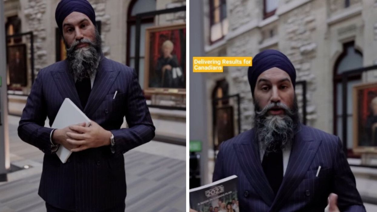 Jagmeet Singh standing in a building on Parliament Hill. Right: Jagmeet Singh holding the 2023 federal budget.