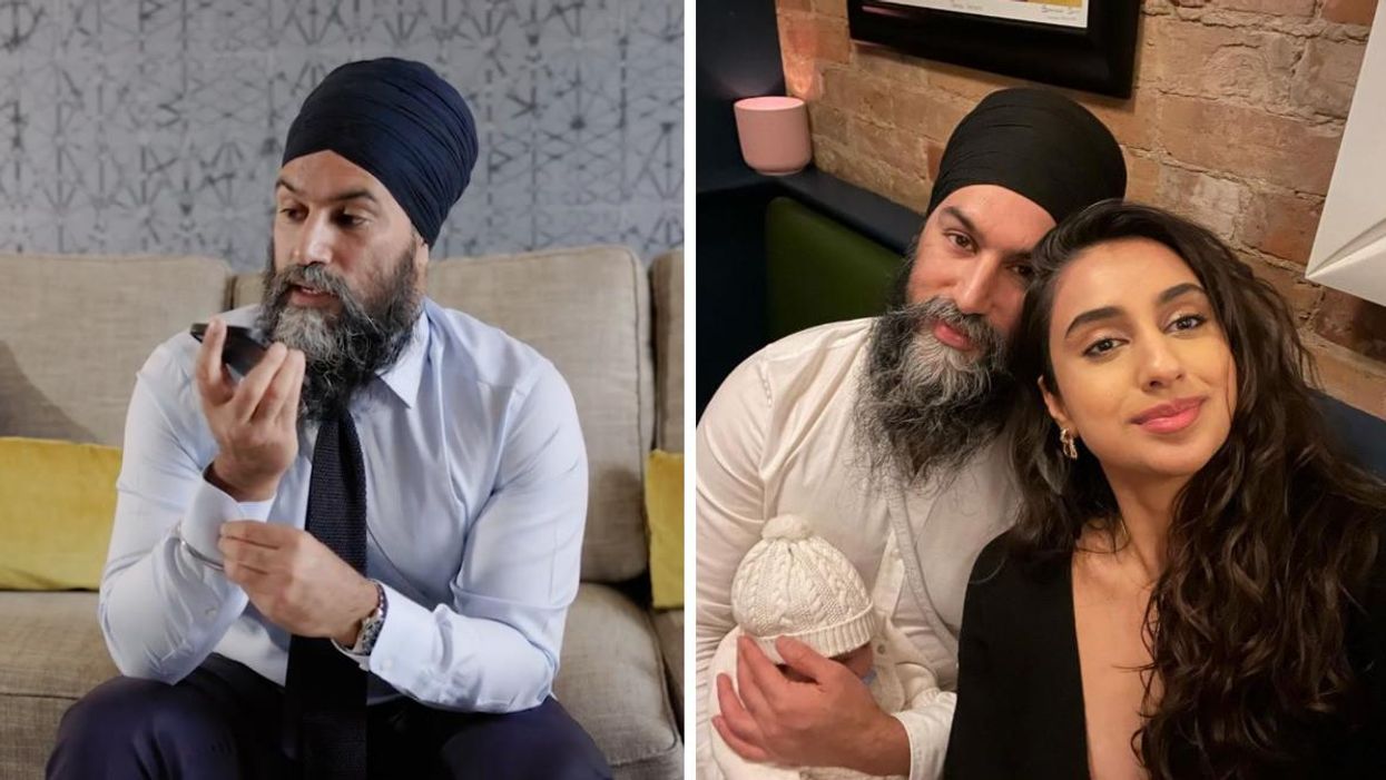 Jagmeet Singh takes a phone call. Right: Jagmeet Singh poses for a selfie with his new baby and his wife, Gurkiran Kaur.