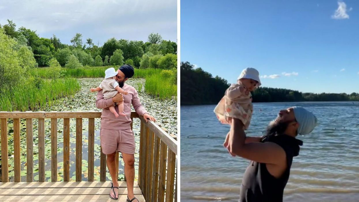 Jagmeet Singh with his daughter Anhad in his arms. Right: Singh lifting his baby into the air.
