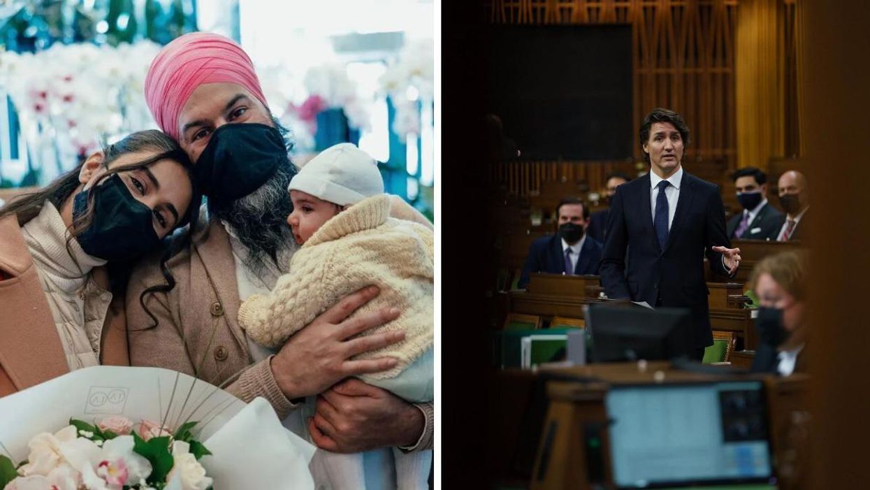 Jagmeet Singh with his wife and baby. Right: Justin Trudeau in the House of Commons.