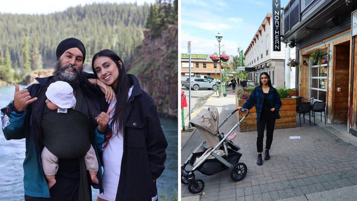 Jagmeet Singh with his wife Gurkiran Kaur and their baby Anhad in Yukon. Right: Gurkiran Kaur with Anhad in a stroller on a sidewalk.
