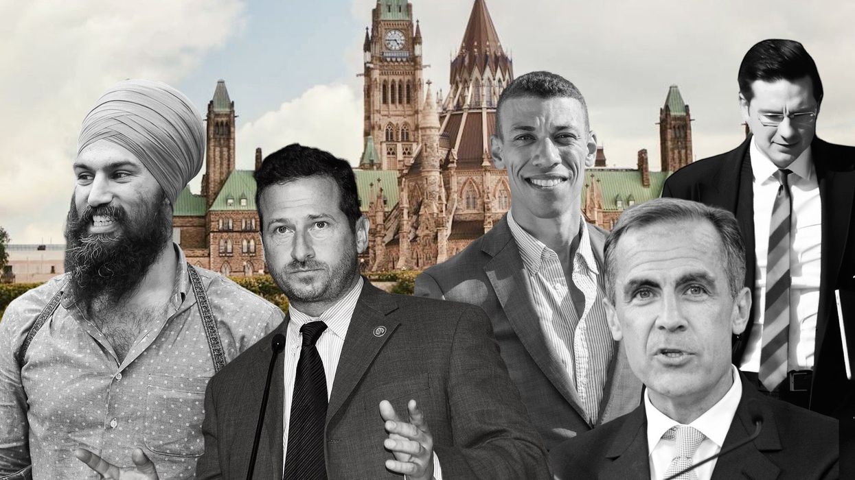 Jagmeet Singh, Yves-François Blanchet, Jonathan Pedneault, Mark Carney, and Pierre Poilievre edited in front of Parliament Hill'5.