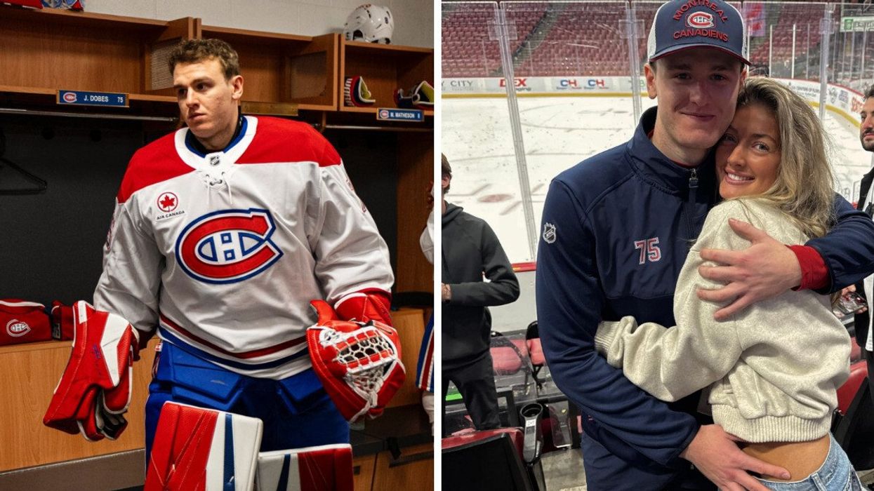 Jakub Dobes des Canadiens de Montréal. Droite : Jakub Dobes et son amoureuse Alexis Williams.