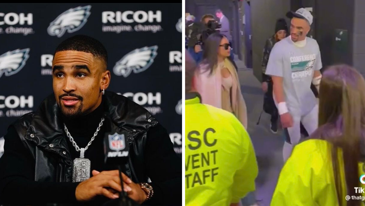 Jalen Hurts at a press conference. Right: Bryonna Burrows and Hurts after a game.