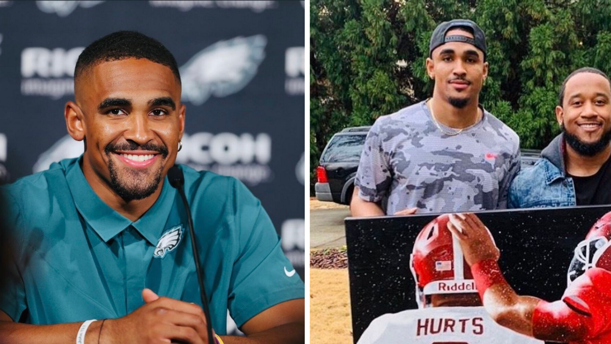 Jalen Hurts in a green Philadelphia Eagles shirt. Right: Hurts holding a piece of art.