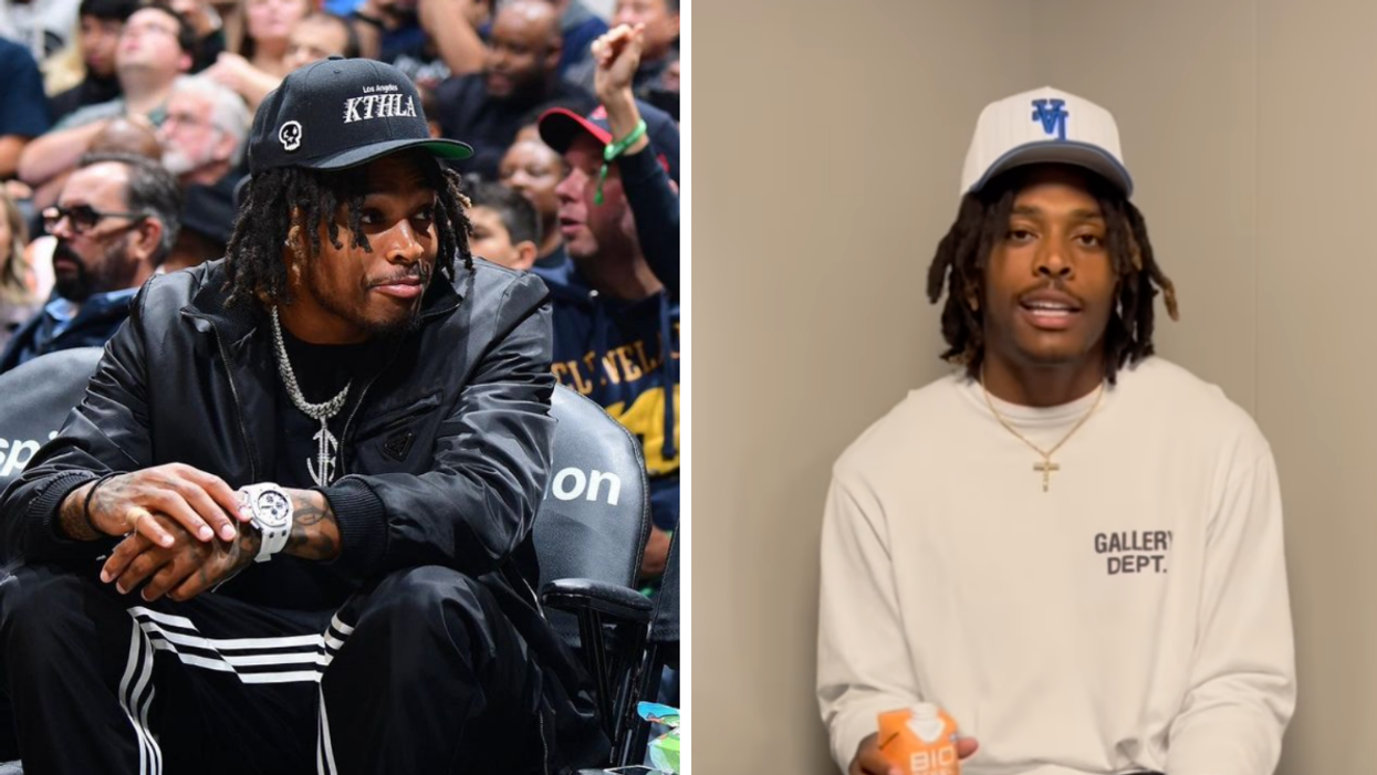 Jalen Ramsey at a game. Right: Jalen Ramsey in a white sweater.